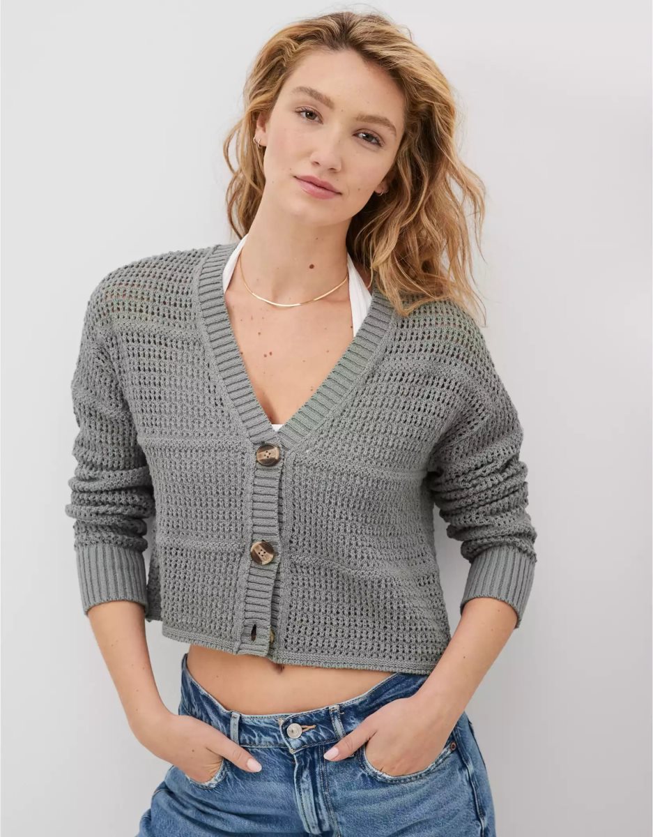 Cardigan American Eagle AE Cropped Knit Vert Olive Femme | IEJ-93192181